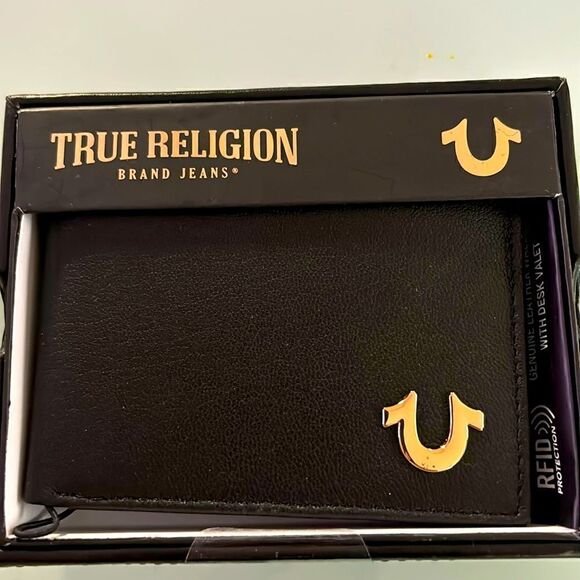 True Religion NWT wallet black 2 fold rfid protection genuine leather cool box - Picture 1 of 7